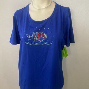Princess Blue women T-shirt Rhinestone fish pattern v-neck short sleeves Size L
